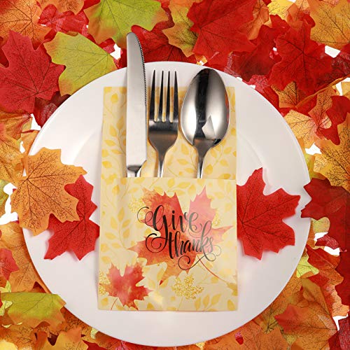 36 Pieces Thanksgiving Utensil Cutlery Napkins Holders Give Thanks Knife Forks Silverware Pouch Bags Cutlery Wraps Table Setting Dinner Decorations Supplies Favor for Autumn Fall Harvest Party