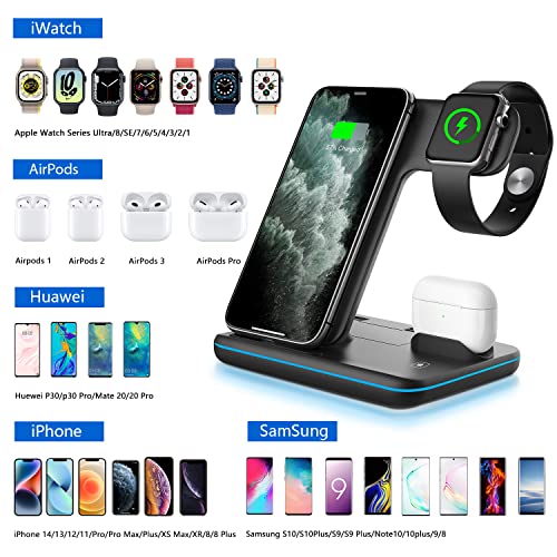 WAITIEE Wireless Charger 3 in 1, 15W Fast Charging Station for Apple iWatch 6/5/4/3/2/1,AirPods Pro,for iPhone14/13 Pro/Pro Max/12/11/X/Xr/Xs/8/Samsung Galaxy Phone Series (No Watch Charging Cable)