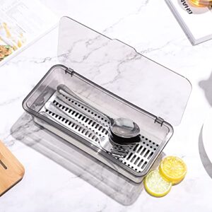 Tofficu Plastic Kitchen Cutlery Tray Flatware Tray Kitchen Drawer Organizer with Lid and Drainer Utensil Storage Container with Cover Proof Dinnerware Holder ( Grey )