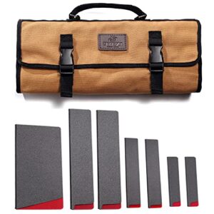 oyezi knife roll bag 16oz duty canvas roll bag – 8 slots with 7pcs knife edge guards set for travel, camping,bbq,knives and kitchen tools not included