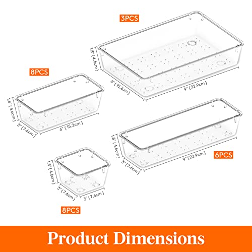 Lifewit 25 PCS Drawer Organizer Set Clear Plastic Desk Drawer Dividers Trays Dresser Storage Bins Separation Box for Makeup, Jewelries and Gadgets, Bedroom, Bathroom, Office