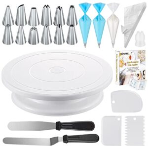 kootek cake decorating kits supplies with cake turntable, 12 numbered cake decorating tips, 2 icing spatula, 3 icing smoother, 2 silicone piping bag, 50 disposable pastry bags and 1 coupler