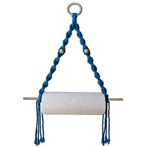 blue macrame paper towel holder wall mount for kitchen and bathroom decor ,boho paper towel hanger ,toilet paper towel hanging