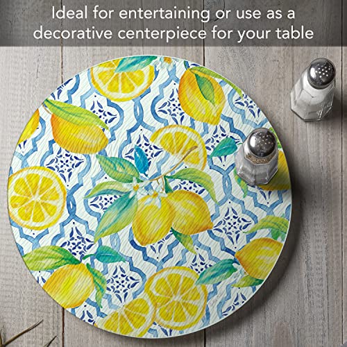 CounterArt Lovely Lemons 4mm Heat Tolerant Tempered Glass Lazy Susan Turntable 13" Diameter Cake Plate Condiment Caddy Pizza Server