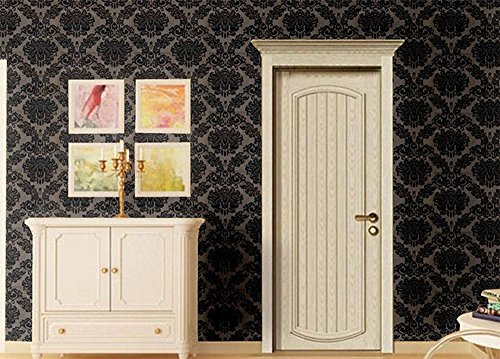 Self Adhesive Vinyl Decorative Black Damask Contact Paper for Cabinets Door Sheves Drawer Dresser Wall Sticker Decal (17.7x197 Inches)