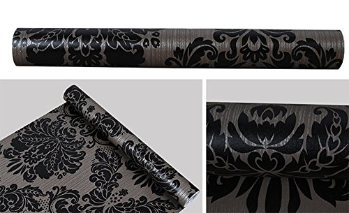 Self Adhesive Vinyl Decorative Black Damask Contact Paper for Cabinets Door Sheves Drawer Dresser Wall Sticker Decal (17.7x197 Inches)