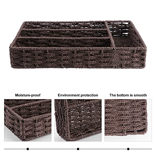 Cabilock Rattan Flatware Basket Kitchen Utensil Drawer Organizer with Dividers Natural Wicker Serving Basket Flatware Cutlery Organiser Tray for Flatware and Kitchen Utensils