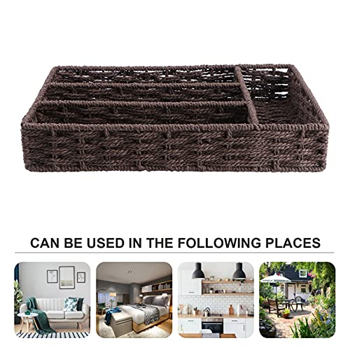 Cabilock Rattan Flatware Basket Kitchen Utensil Drawer Organizer with Dividers Natural Wicker Serving Basket Flatware Cutlery Organiser Tray for Flatware and Kitchen Utensils