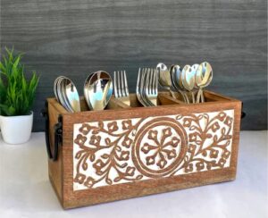 3 compartment farmhouse wooden flatware caddy with metal handles for kitchen countertop, silverware caddy for buffet party, rustic wood utensil cutlery holder, bathroom dining table office organizer