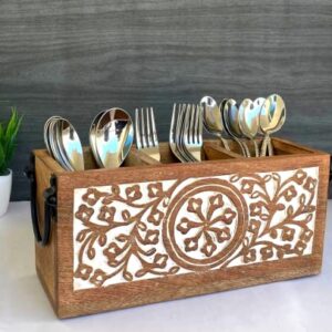 3 Compartment Farmhouse Wooden Flatware Caddy with Metal Handles for Kitchen Countertop, Silverware Caddy for Buffet Party, Rustic Wood Utensil Cutlery Holder, Bathroom Dining Table Office Organizer