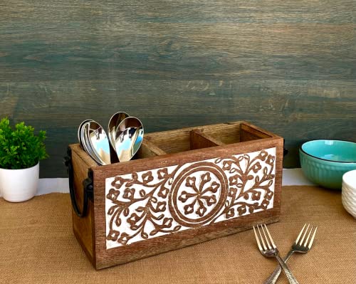 3 Compartment Farmhouse Wooden Flatware Caddy with Metal Handles for Kitchen Countertop, Silverware Caddy for Buffet Party, Rustic Wood Utensil Cutlery Holder, Bathroom Dining Table Office Organizer