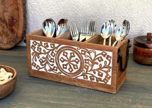 3 Compartment Farmhouse Wooden Flatware Caddy with Metal Handles for Kitchen Countertop, Silverware Caddy for Buffet Party, Rustic Wood Utensil Cutlery Holder, Bathroom Dining Table Office Organizer