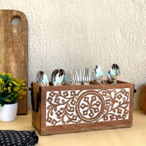 3 Compartment Farmhouse Wooden Flatware Caddy with Metal Handles for Kitchen Countertop, Silverware Caddy for Buffet Party, Rustic Wood Utensil Cutlery Holder, Bathroom Dining Table Office Organizer