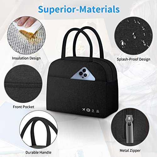 DALINDA Lunch Bag Lunch Box for Women Men Reusable Insulated Lunch Tote Bag,Leakproof Thermal Cooler Sack Food Handbags Case High Capacity forTravel Work School Picnic- Black