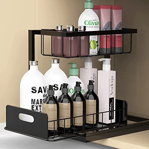 RIRPUAE Under Sink Organizers And Storage, 2 Tier Pull Out Cabinet Organizer Shelf for Bathroom Kitchen, Multi-Purpose Sliding Drawers Baskets