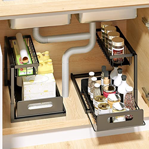 RIRPUAE Under Sink Organizers And Storage, 2 Tier Pull Out Cabinet Organizer Shelf for Bathroom Kitchen, Multi-Purpose Sliding Drawers Baskets