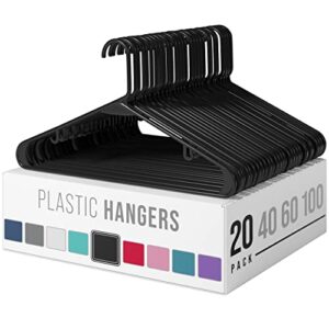 plastic clothes hangers (20, 40, 60, 100 packs) heavy duty durable coat and clothes hangers | vibrant color hangers | lightweight space saving laundry hangers (20 pack – black)