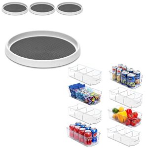 [ 4 pack ] 12 inch non-skid turntable lazy susan organizers + 8 pack, stackable clear bins with removable dividers – plastic refrigerator organizer bins – food snack, pantry organization and storage