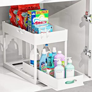 Bengenta Under Sink Organizers and Storage,2-Tier Sliding Cabinet Basket Organizer Drawer with Hooks,Pull Out Under Cabinet Storage for Bathroom Kitchen(white)