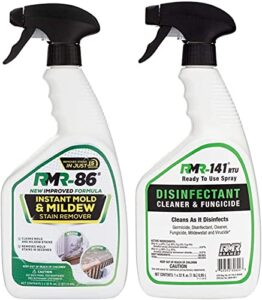 rmr brands complete mold killer & stain remover bundle – mold and mildew prevention kit, disinfectant spray, mold and mildew stain remover, includes 2 – 32 ounce bottles