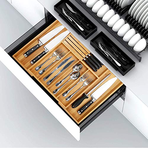 VaeFae Bamboo Silverware Drawer Organizer Kitchen, Expandable Utensil Holder and Cutlery Tray with Divider | 13"-21.6" Flatware Storage and Removable Knife Block