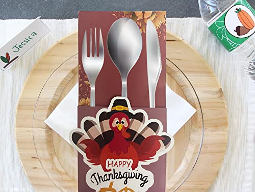 Shenbiadolr 24PCS Turkey Cutlery Utensil Holders – Thanksgiving Day Fall Give Thanks Dinner Party Supplies Decorations