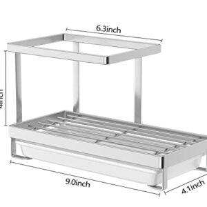 Oyydecor Kitchen Sink Caddy, 304 Stainless Steel Sponge Holder Organizer Countertop Soap Dish Rack Drainer with Drain Pan for Dish Rag Scrub Brush and Hand Sanitizer (Silver)