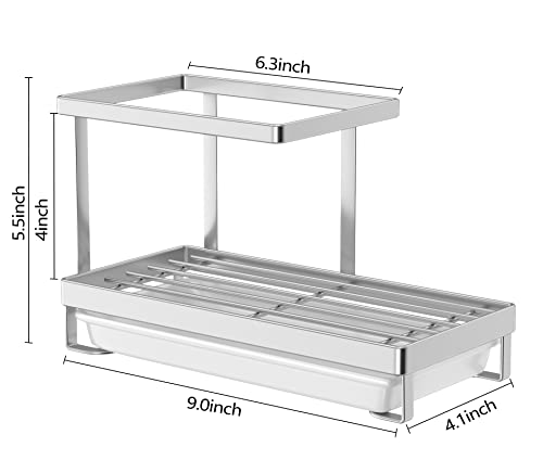 Oyydecor Kitchen Sink Caddy, 304 Stainless Steel Sponge Holder Organizer Countertop Soap Dish Rack Drainer with Drain Pan for Dish Rag Scrub Brush and Hand Sanitizer (Silver)