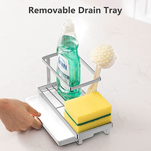Oyydecor Kitchen Sink Caddy, 304 Stainless Steel Sponge Holder Organizer Countertop Soap Dish Rack Drainer with Drain Pan for Dish Rag Scrub Brush and Hand Sanitizer (Silver)