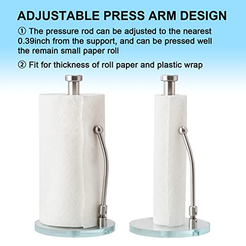 Kitchen Paper Towel Holder - LUKA Glass Weighted Base Modern Paper Towel Standing Fits Standard & Jumbo Rolls; Adjustable Spring Arm Upright Easy Tear Paper Towel Dispenser for Countertop Tables