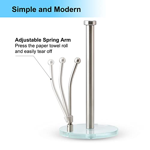 Kitchen Paper Towel Holder - LUKA Glass Weighted Base Modern Paper Towel Standing Fits Standard & Jumbo Rolls; Adjustable Spring Arm Upright Easy Tear Paper Towel Dispenser for Countertop Tables