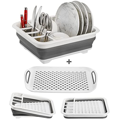 Nicunom Collapsible Dish Drying Rack and Drainboard Set , Portable Dish Drainer, Foldable Dinnerware Organizer for Kitchen Countertop RV Camper