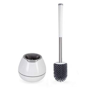 boomjoy toilet brush and holder set, silicone bristles bathroom cleaning bowl brush kit with tweezers, bathroom accessories with aluminum handle – white