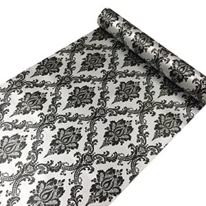 yifely retro black damask furniture paper self-adhesive shelf liner light grey table dresser decor sticker 17.7 inch by 9.8 feet