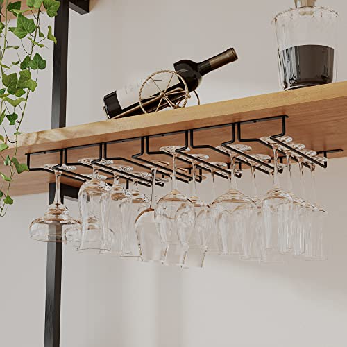 Wallniture Pinot Wine Glass Holder Under Shelf & Cabinet Kitchen Storage Organizer for 24 Wine Glasses 14" Wine Glass Rack Black Metal