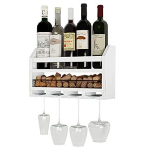wallniture blanc wine rack wall mounted, wall wine bottle holder with wine glass rack, wall mount wine holder with wine cork holder, rustic wall wine rack for wine bottles, burnt white, wood