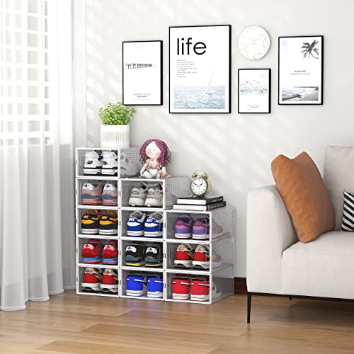 SESENO. 12 Pack Shoe Storage Boxes, Clear Plastic Stackable Shoe Organizer Bins, Drawer Type Front Opening Shoe Holder Containers