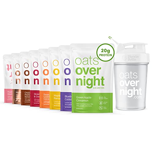 Oats Overnight - Party Variety Pack (8 Meals PLUS BlenderBottle ) High Protein, Low Sugar Breakfast Shake - Gluten Free, Non GMO Oatmeal (2.7oz per meal) Strawberries & Cream, Green Apple Cinnamon & More.