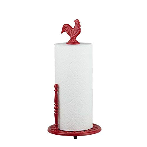 Linen Store  Cast Iron Paper Towel Holder with Dispensing Side Bar, Free-Standing Heavy Duty Kitchen Decor Beautiful Farmhouse Rooster Design - Red