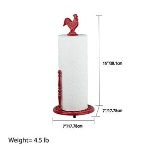 Linen Store  Cast Iron Paper Towel Holder with Dispensing Side Bar, Free-Standing Heavy Duty Kitchen Decor Beautiful Farmhouse Rooster Design - Red