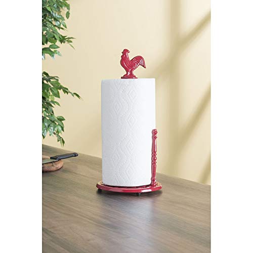 Linen Store  Cast Iron Paper Towel Holder with Dispensing Side Bar, Free-Standing Heavy Duty Kitchen Decor Beautiful Farmhouse Rooster Design - Red