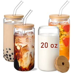 20 oz glass cups with bamboo lids and glass straw – 4pcs set beer can shaped drinking glasses, iced coffee glasses, cute tumbler cup for smoothie, boba tea, whiskey, water – 2 cleaning brushes