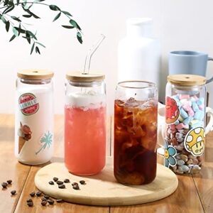 20 OZ Glass Cups with Bamboo Lids and Glass Straw - 4pcs Set Beer Can Shaped Drinking Glasses, Iced Coffee Glasses, Cute Tumbler Cup for Smoothie, Boba Tea, Whiskey, Water - 2 Cleaning Brushes
