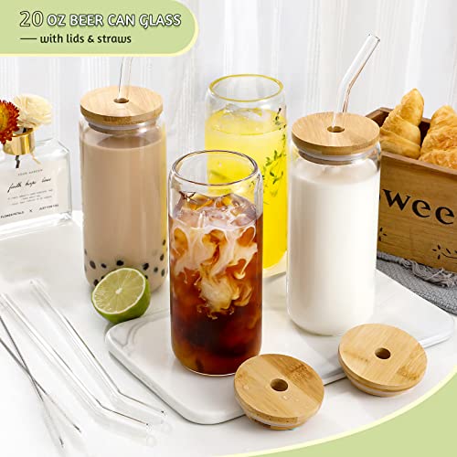 20 OZ Glass Cups with Bamboo Lids and Glass Straw - 4pcs Set Beer Can Shaped Drinking Glasses, Iced Coffee Glasses, Cute Tumbler Cup for Smoothie, Boba Tea, Whiskey, Water - 2 Cleaning Brushes