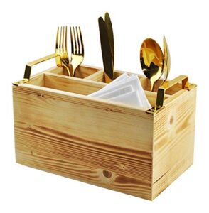 spiretro flatware caddy, cutlery utensil holder, silverware condiment organizer for kitchen, dining, entertaining, tailgating, picnics, 4 compartments，solid torched wood with golden metal handle-beige