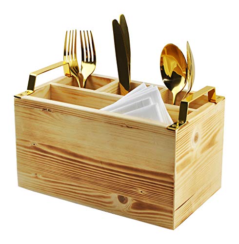 Spiretro Flatware Caddy, Cutlery Utensil Holder, Silverware Condiment Organizer for Kitchen, Dining, Entertaining, Tailgating, Picnics, 4 Compartments，Solid Torched Wood with Golden Metal Handle-Beige