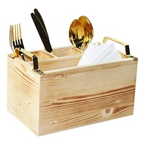 Spiretro Flatware Caddy, Cutlery Utensil Holder, Silverware Condiment Organizer for Kitchen, Dining, Entertaining, Tailgating, Picnics, 4 Compartments，Solid Torched Wood with Golden Metal Handle-Beige