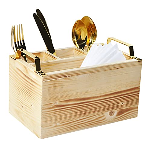 Spiretro Flatware Caddy, Cutlery Utensil Holder, Silverware Condiment Organizer for Kitchen, Dining, Entertaining, Tailgating, Picnics, 4 Compartments，Solid Torched Wood with Golden Metal Handle-Beige