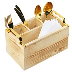 Spiretro Flatware Caddy, Cutlery Utensil Holder, Silverware Condiment Organizer for Kitchen, Dining, Entertaining, Tailgating, Picnics, 4 Compartments，Solid Torched Wood with Golden Metal Handle-Beige