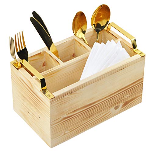 Spiretro Flatware Caddy, Cutlery Utensil Holder, Silverware Condiment Organizer for Kitchen, Dining, Entertaining, Tailgating, Picnics, 4 Compartments，Solid Torched Wood with Golden Metal Handle-Beige